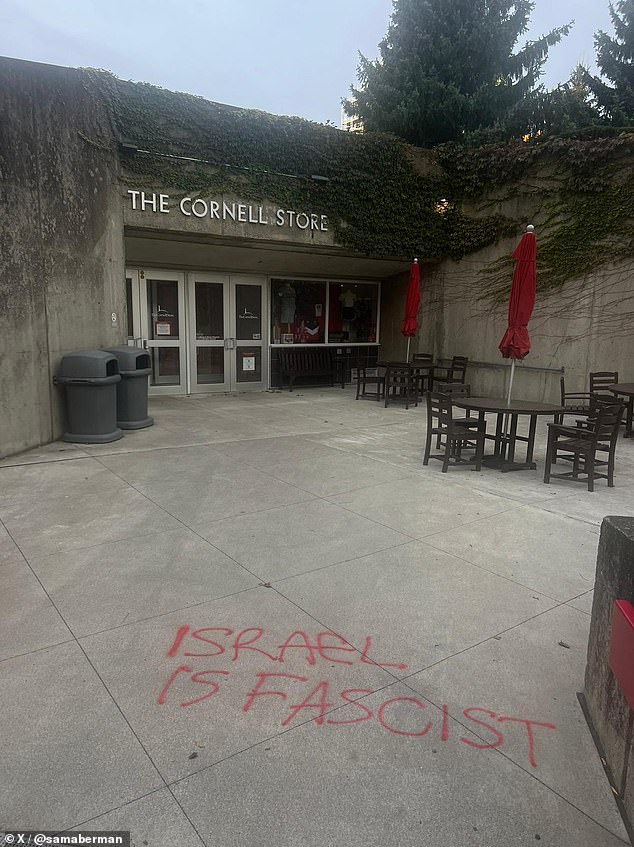 Spray-painted messages such as “Zionism equals racism” and “Israel is fascist” appeared on the sidewalks of the Cornell University campus in upstate New York on Wednesday.