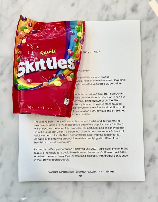 California Governor Gavin Newsom sent a letter confirming he had signed the bill.  To this he attached a bag of skittles from the European Union, saying this was proof that companies could change their recipes