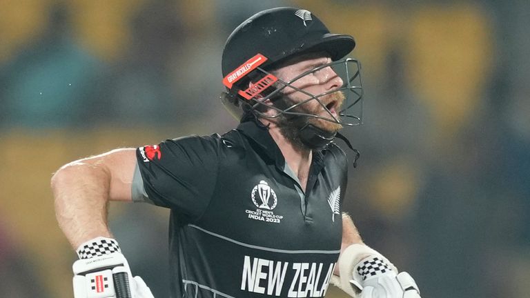 New Zealand captain Kane Williamson runs between the wickets during the ICC Men's Cricket World Cup match between New Zealand and Bangladesh in Chennai, India, Friday, October 13, 2023. (AP Photo/Eranga Jayawardena)