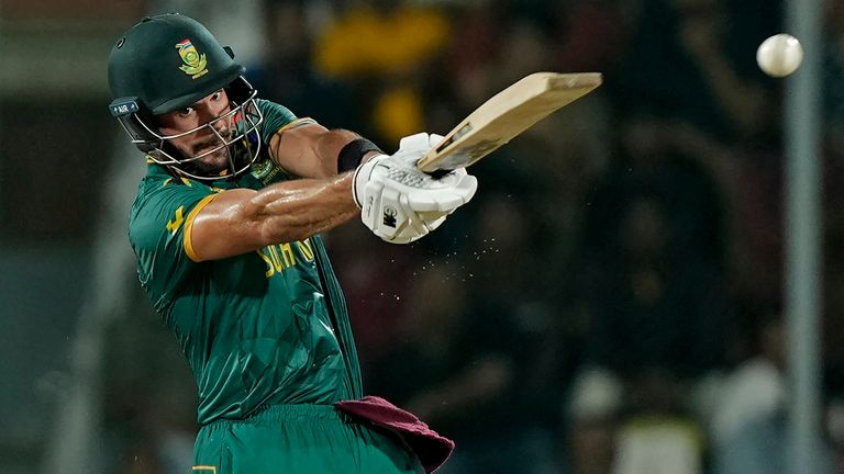 South Africa's Aiden Markram plays a shot during the ICC Men's Cricket World Cup match between Pakistan and South Africa in Chennai, India, Friday, October 27, 2023. (AP Photo/Mahesh Kumar A.)