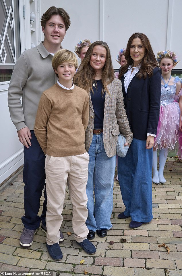 Crown Princess Mary looked stylish alongside her children Prince Christian, 17, Princess Isabella, 16, and Prince Vincent, 12, at the Peter Pan premiere on Saturday.