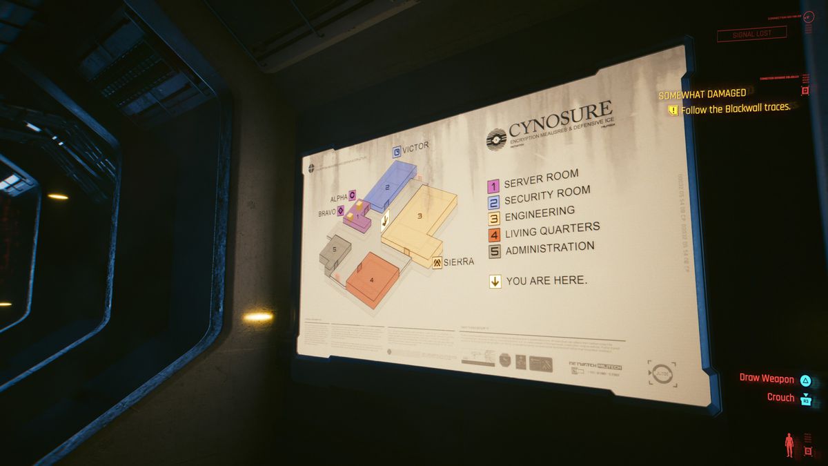 A map of the Cynosura Militech complex, as seen in the Cyberpunk 2077 mission 