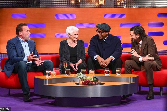 In good company: Dame Judi appeared on the chat show alongside Arnold Schwarzenegger, Jack Whitehall and Jay Blade from The Repair Shop