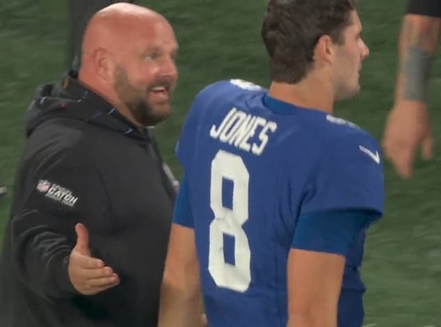 A visibly frustrated Brian Daboll (L) was angry with his quarterback, Daniel Jones, on Monday