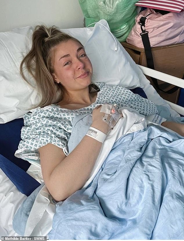 Mathilde Barker, 20, from North Yorkshire, was diagnosed with stage four endometriosis after experiencing painful cramps that felt like 'contractions'.  She is pictured here in the hospital