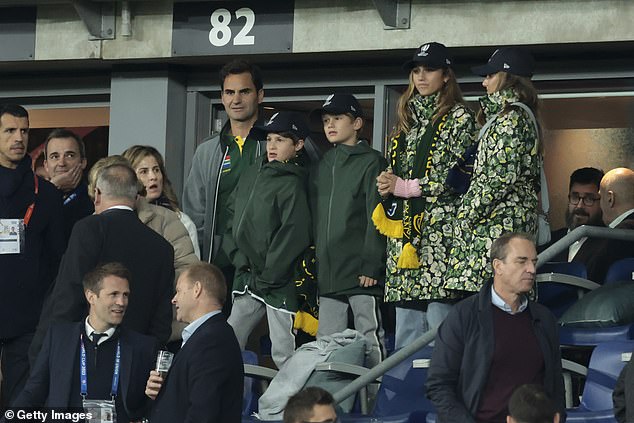 Former tennis talent Roger Federer (center), 42, was spotted with his wife Mirka (left of Roger Federer), 45, and their two twins as they attended the Rugby World Cup final between New Zealand and South Africa in Paris watched.