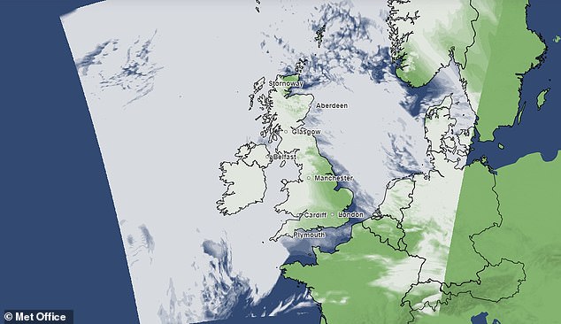 Hindered: The bad news is that cloud cover could spoil visibility over much of Britain tonight.  Shortly after sunset, most of the east and south of the UK should be clear of clouds (pictured).  However, it will move in gradually and cover most of Britain as the night continues