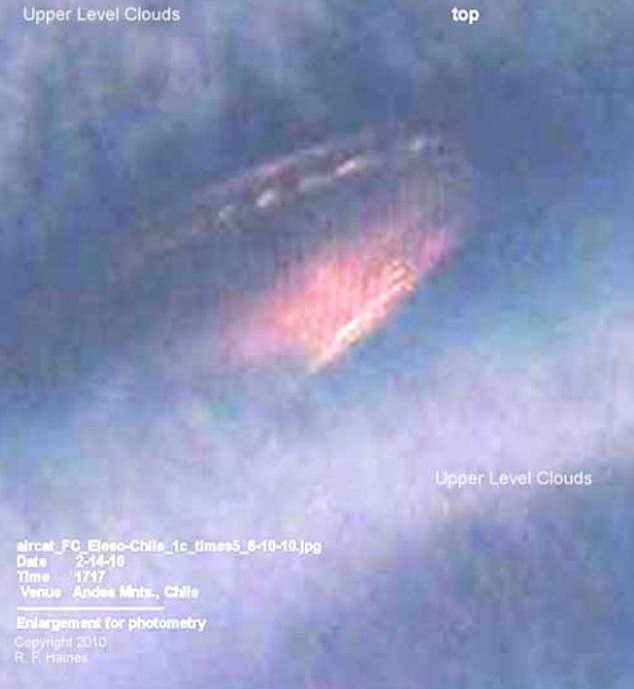 The only evidence of the sighting is a July 2010 report describing the exterior as having a red and white woven pattern with a large area of ​​straight individual lines along the bottom - and the 'disc' may be as long as 60 meters.