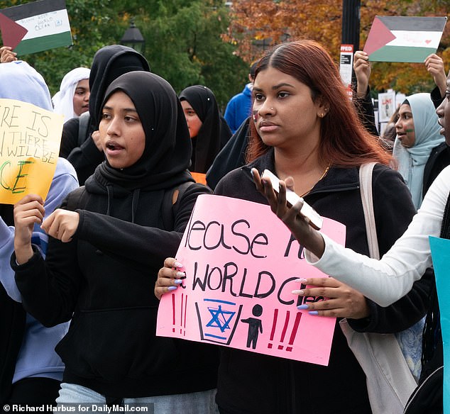 There were dozens of Gen Z protesters in Washington Square Park today, waving pride flags and wearing kaffiyehs, demanding 