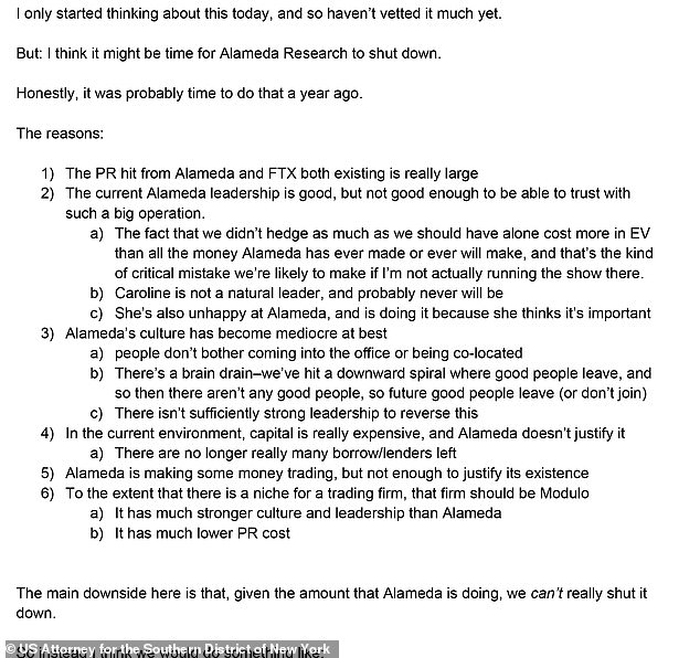 Court documents showed that Sam Bankman-Fried wrote to his male colleagues that Caroline Ellison was 'not a natural leader, and probably never will be'