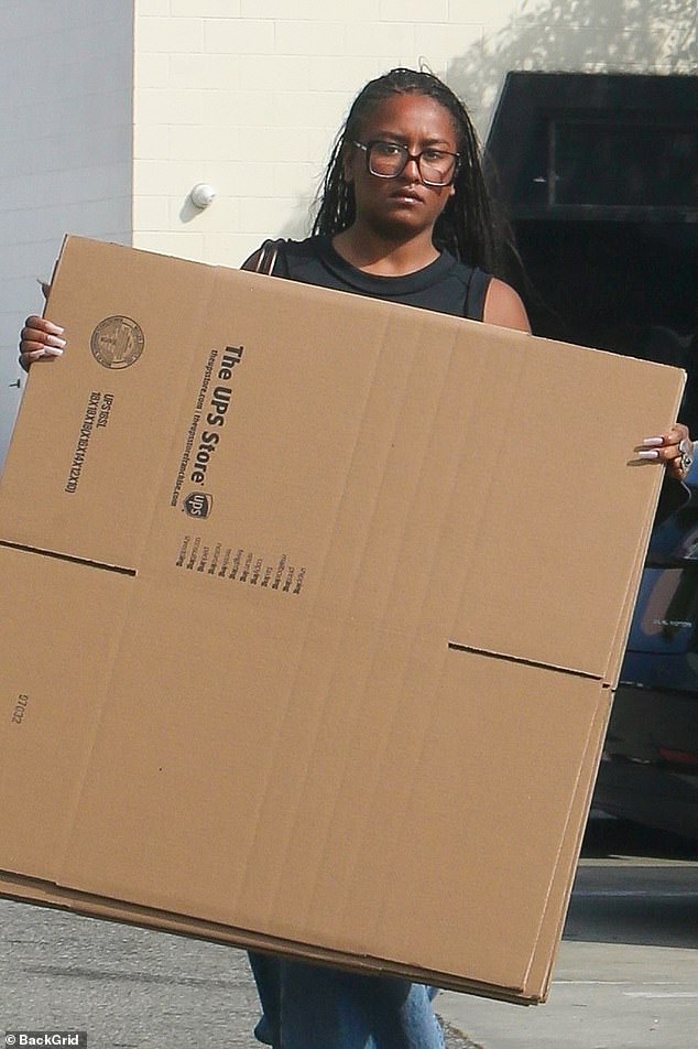 Sasha Obama, 22, was photographed shopping for moving boxes in Los Angeles on Monday