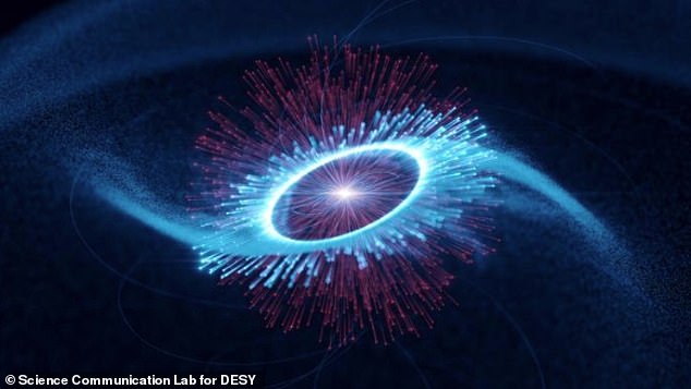 The Vela Pulsar makes more than 11 full rotations every second, faster than a helicopter rotor.  As the pulsar spins, it spits out a jet of charged particles that rush outward along the pulsar's axis of rotation at about 70 percent of the speed of light (artist's impression)