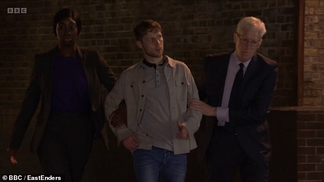 Trouble: EastEnders' Jay Brown was arrested for drug possession during Tuesday night's episode as he continues to cope with the death of wife Lola