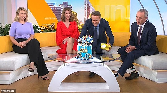 Matt 'Shirvo' Shirvington celebrated his 45th birthday on air on Wednesday and his Sunrise colleagues brought him a Star Wars-themed cake to mark the occasion.  Pictured L - R: Edwina Bartholomew, Natalie Barr, Shirvo and Mark Beretta