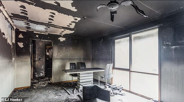 The fire became so hot that the ceiling fan in the blackened living room completely melted