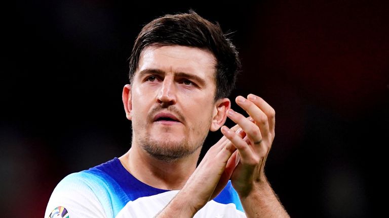 England's Harry Maguire cheers on the fans after the UEFA Euro 2024 qualifying match at Wembley Stadium in London.  Date of photo: Tuesday, October 17, 2023.