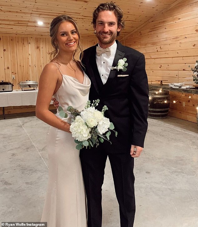 Nottingham Panthers player Adam Johnson and his fiancée Ryan Wolfe at a family wedding in June 2022