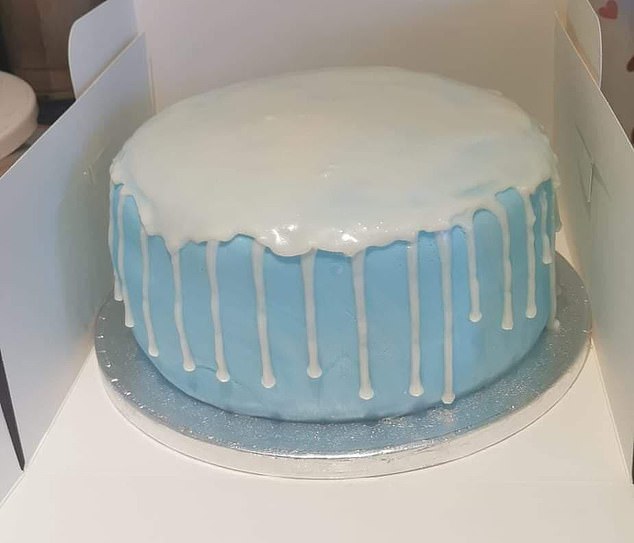 A mum was shocked to discover a baker had made her a 'sad' cake for her son's first birthday.  She got a short blue cake with white cream stripes on top and stripes down the side which means dripping