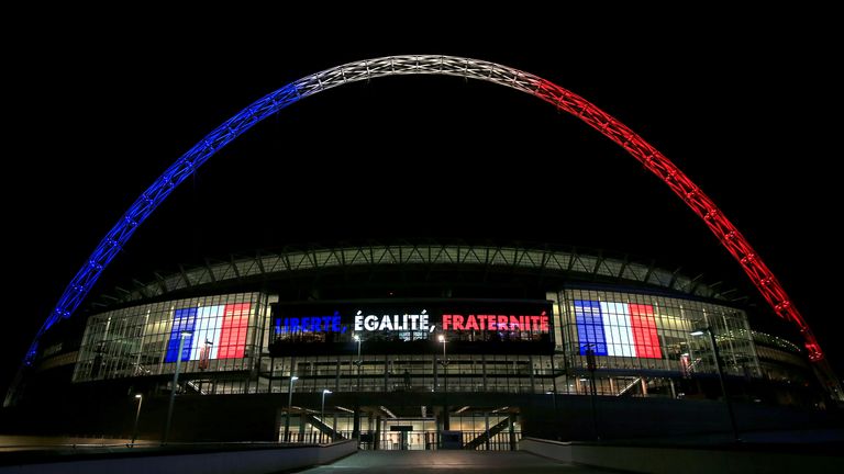 Wembley Arch was lit up in the colors of the French flag in 2015 following the terrorist attacks in Paris.