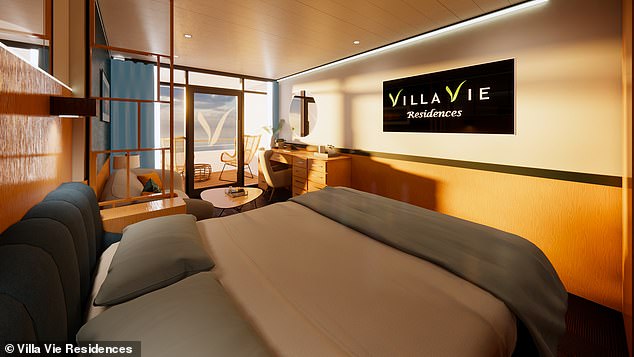 Villa Vie Residences is selling cabins on its luxury world cruise ship, which will make its first departure in May 2024.  Pictured: A rendering of a cabin costing $249,999 (£205,120)