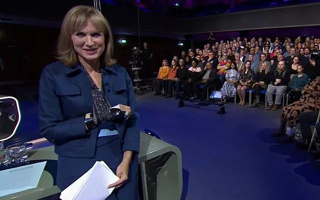 Accident: Fiona Bruce caused concern among Question Time viewers on Thursday evening when she appeared on the live BBC program with a 'black eye' and her arm in a sling