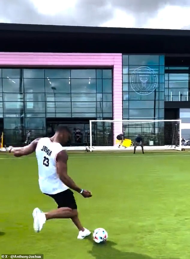 Footage uploaded to social media shows Anthony Joshua scoring an impressive free kick