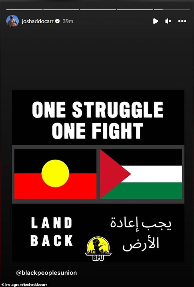 Addo-Carr linked the Palestinian struggle to the plight of Indigenous Australians in an Instagram post on Tuesday.