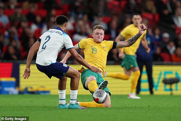 England's Trent Alexander-Arnold battles for possession with Australia's Harry Souttar in their clash at Wembley