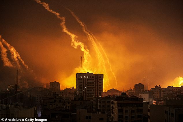 There are fears that Hamas is using fuel intended to help humanitarian efforts in Gaza to power its underground tunnel network.  Pictured: Smoke rises and billows in several regions of Gaza as the Israeli army carries out airstrikes on October 28