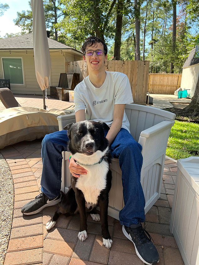 A family dog ​​has been hailed as a hero for saving the life of a 17-year-old Texas boy suffering a stroke early on a Saturday morning in August.  Pictured is Gabriel with his champion dog, Axel