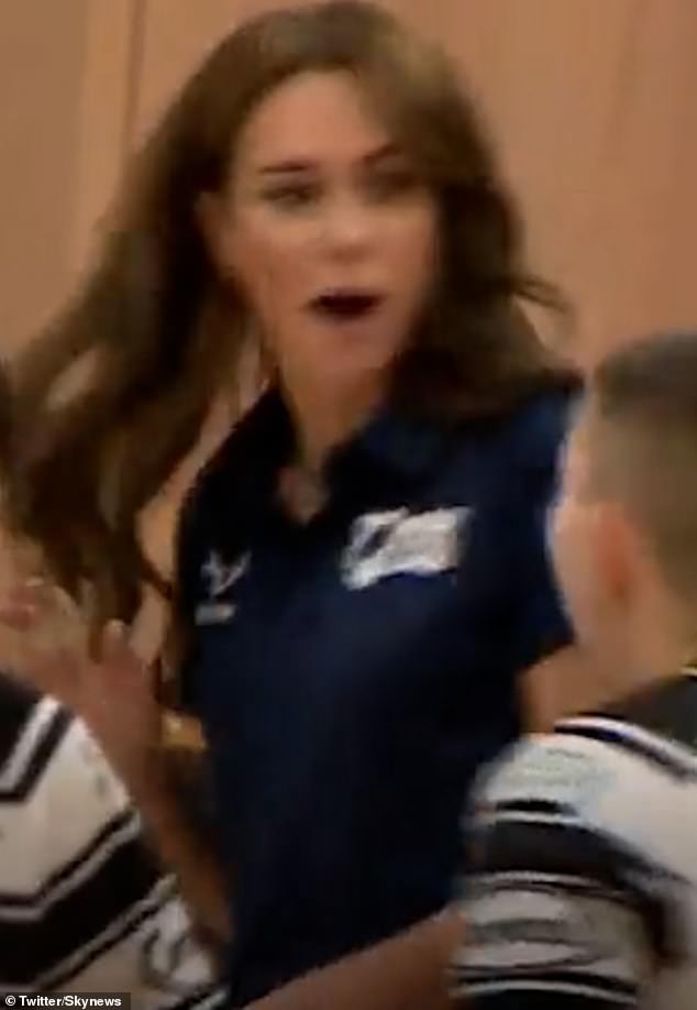 Kate Middleton (left) got quite a surprise after a wheelchair rugby player tickled her waist from behind (right)