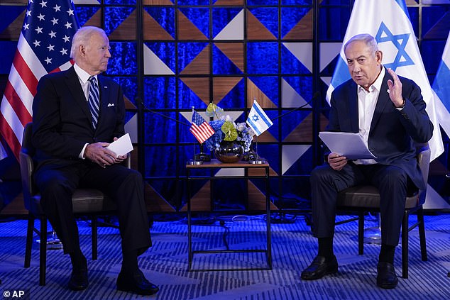 Then came another photo session with Netanyahu.  At 11:40 p.m., the two leaders settled into a beachside hotel to begin their meetings.  Biden spoke about the Gaza hospital blast, telling Netanyahu he believed it was carried out by the 'other team'