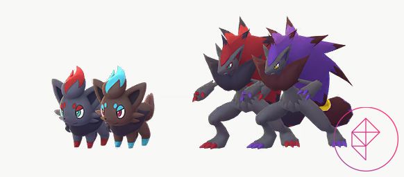 Zorua leg and Zoroark in Pokémon Go.  Zorua's leg turns brown with light blue accents and Zoroark gets purple fur instead of red.