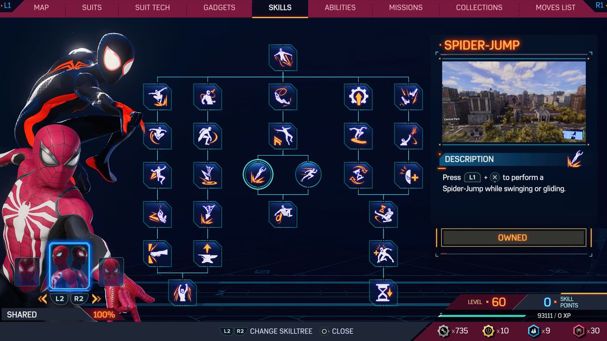 A menu shows the Spider Jump ability shared on the stick art in Spider Man 2 on PS5.