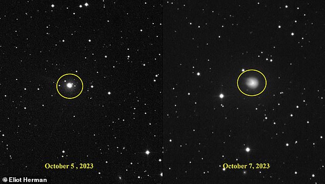 This space rock, dubbed 12P/Pons-Brooks, is what is known as a cold volcanic comet or cold volcano.  This image shows the comet before and after the final explosion