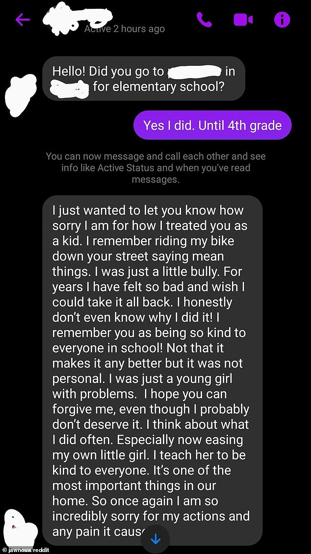 A man was shocked when he received a lengthy apology from his childhood bully.  He had to change schools because of her harassment, but now looks back and laughs