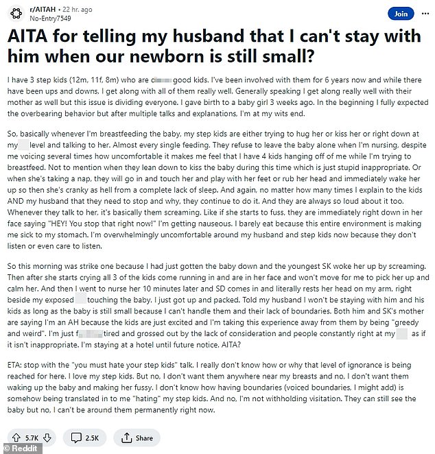 The unnamed woman, believed to be from the US, revealed she left the family home because her husband and stepchildren 'know no boundaries'