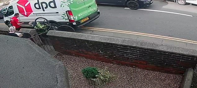 The cyclist is seen going head over heels before staggering to his feet and telling his rival that he has more 'rights' than him.