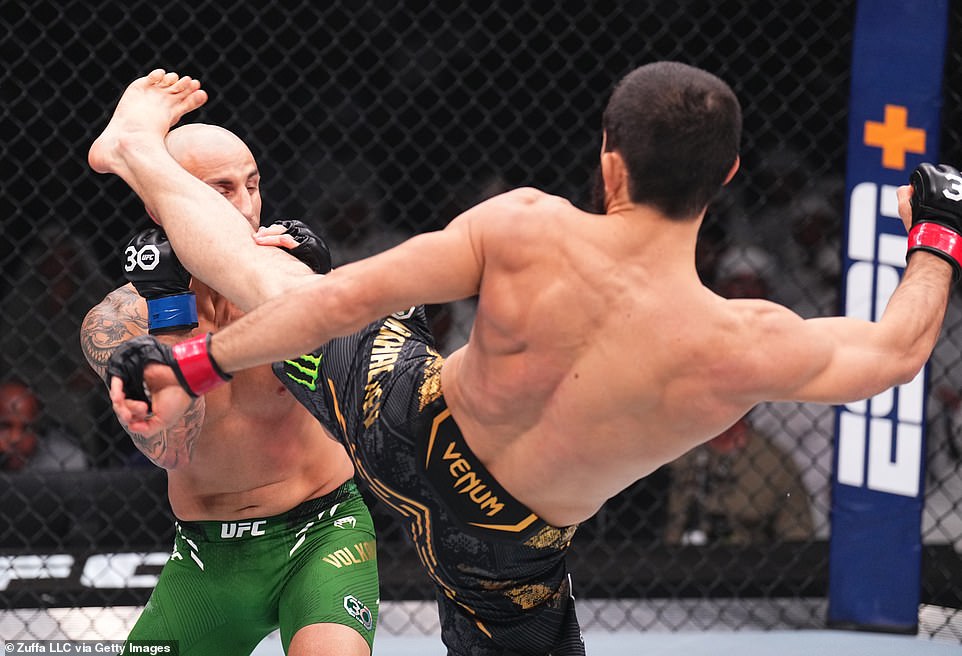 Islam Makhachev landed this head kick and it was the telling punch that led to the first round finish at UFC 294.