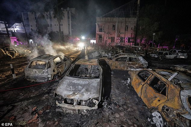 The scene of destruction at Al Ahli Hospital after an explosion in Gaza City on Tuesday.  Israel and Hamas terrorists have blamed each other for the explosion