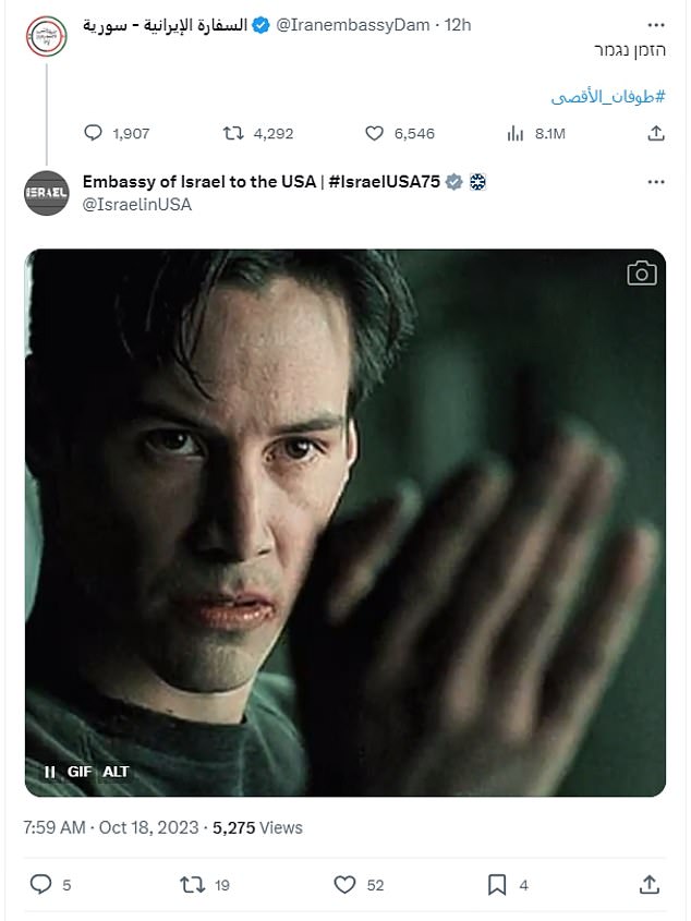 Israel's diplomatic mission to the US posted a taunting meme depicting The Matrix's Keanu Reeves in response to an Iranian tweet in Hebrew warning that time is running out.