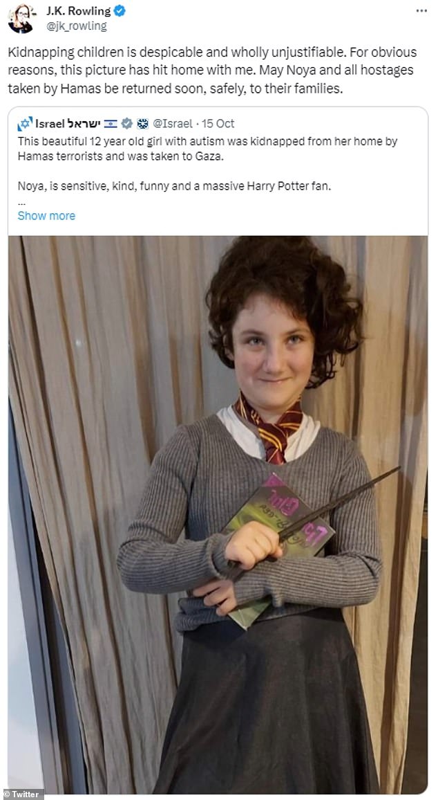 The author shared a photo of Noya, 12, dressed in a Harry Potter costume on X, formerly known as Twitter, yesterday and condemned the kidnapping of children by Hamas.