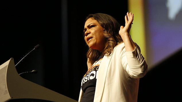 Jacinta Nampijinpa Price speaks at Voice to Parliament No Rally at the Riverside Theatre, Perth Convention and Exhibition Centre, on Monday evening.  Photo: NCA NewsWire/Philip Gostelow.