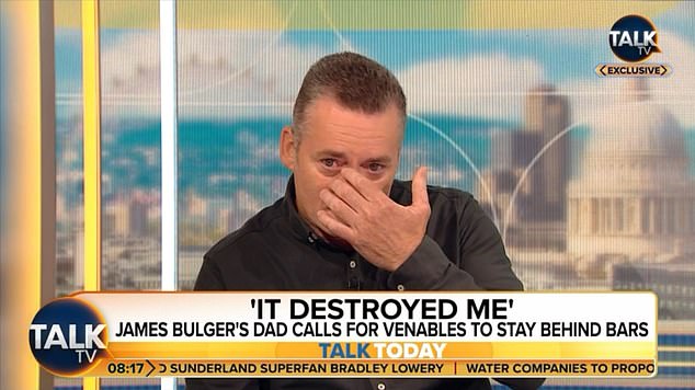 Mr Bulger wiped away tears as he told TalkTV that his son's death at the hands of Venables and Thompson 