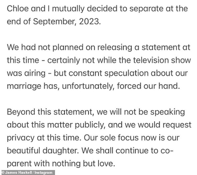 About: The scenes were filmed a month before Chloe and James split, with the couple formally announcing their split with a joint statement last weekend