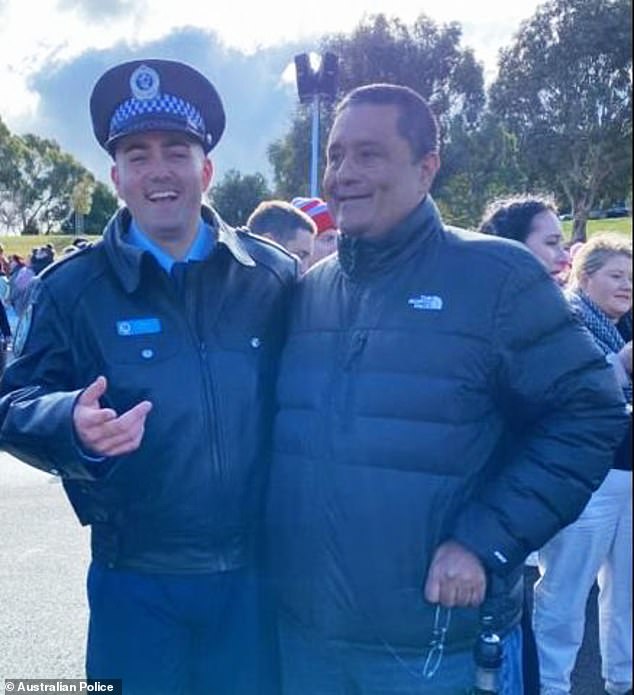 Jayden Ruiz is pictured with his father, Andro, on the day he graduated from Goulburn Police Academy in June as part of Class 358