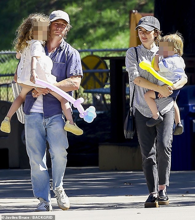 Family first: Jeremy Allen White and estranged wife Addison Timlin put on a united front as they took their children to the Travel Town Museum in Griffith Park on Sunday