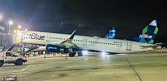 The JetBlue Airbus 321 appeared to be about to take off when its nose was in the air Monday evening while disembarking at New York's JFK Airport