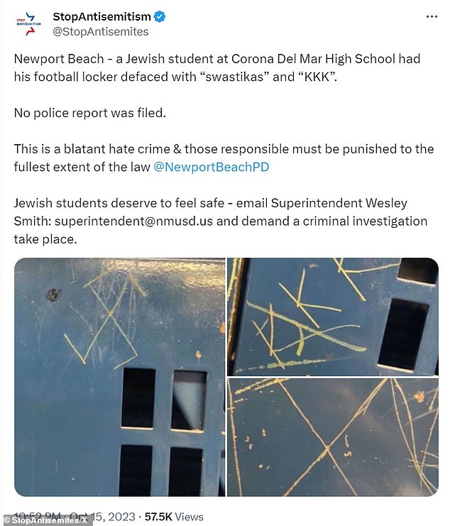 A Jewish student's locker was defaced with swastikas and the letters 