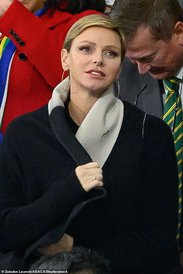 Princess Charlene of Monaco (pictured) attended the Rugby World Cup France 2023 match between England and South Africa at the Stade de France in Paris yesterday